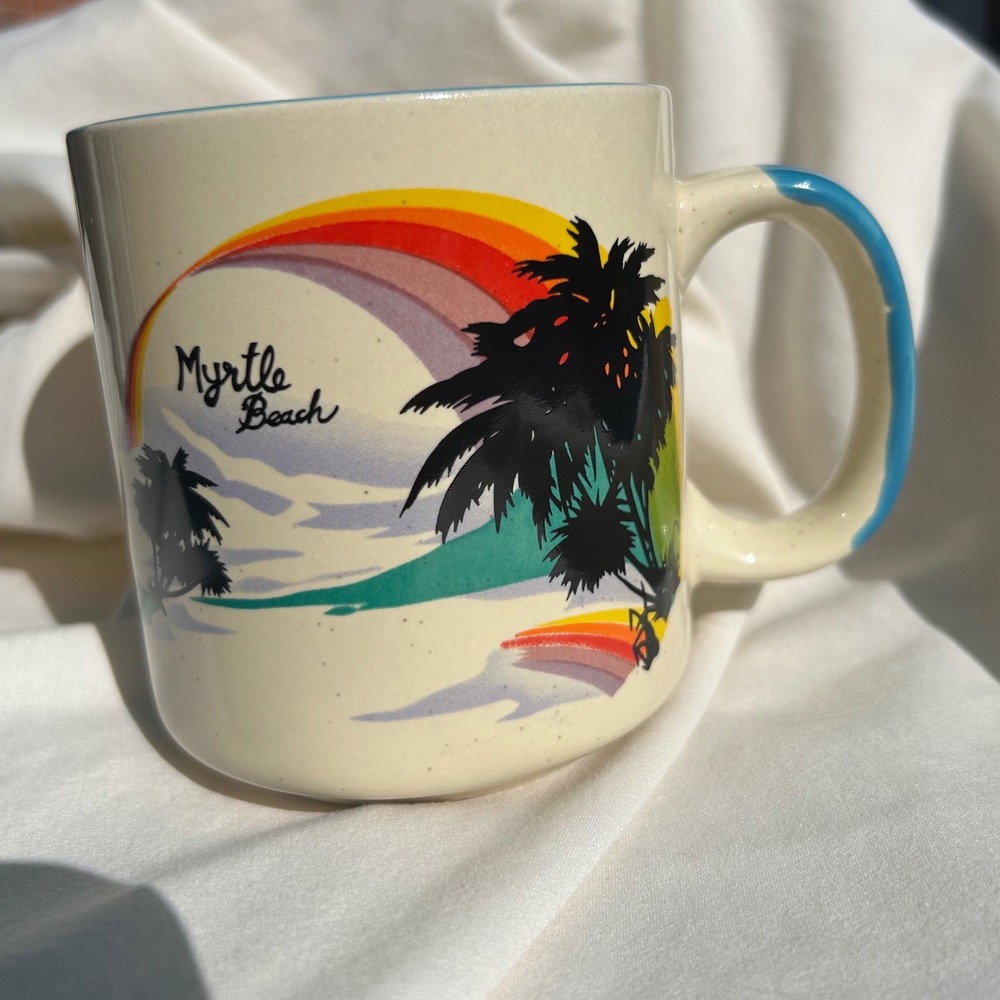 Vintage Myrtle‎ Beach Souvenir Coffee Mug Cream Rainbow Palm Tree Tropical Decor